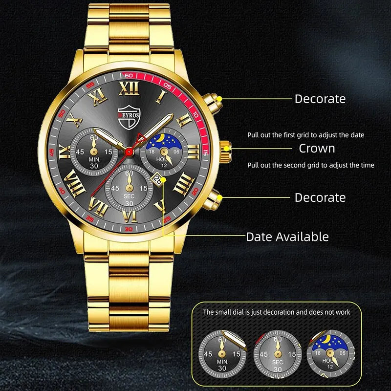 luckacco 2pcs fashion mens calendar watches luxury male stainless steel quartz wristwatch luminous clock men bracelet wrist watch
