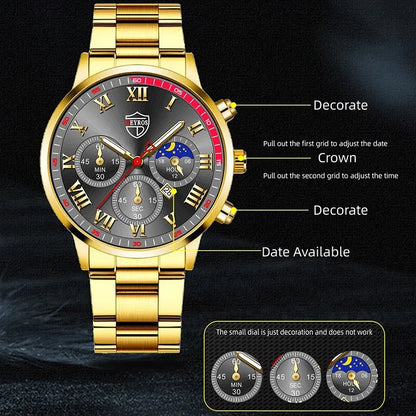 Luckacco 2PCS Fashion Mens Calendar Watches Luxury Male Stainless Steel Quartz Wristwatch Luminous Clock Men Bracelet Wrist Watch