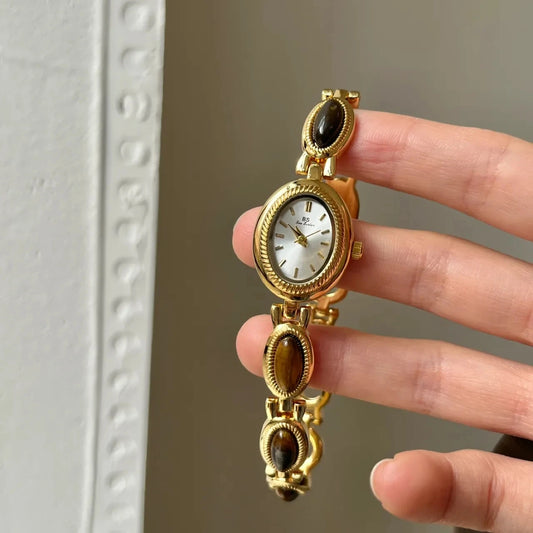 Luckacco Fashion Luxury Women's Watches Natural Gemstone Oval Dial Quartz Wristwatch Unique High-end Temperament Ladies' Watch Bracelet