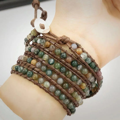 Luckacco Milangirl Bohemia Jewelry Bracelets 6MM Matte Stone Wrap Leather Bracelets Vintage 3 Strands Multilayer Woven