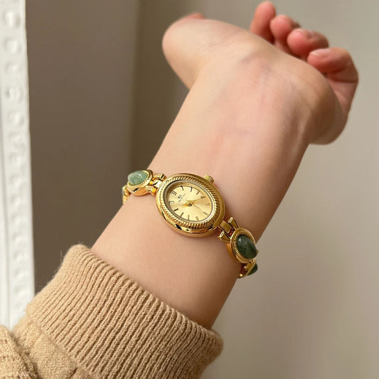 Luckacco High-end Luxury Watches for Woman Elegant Green Jewelry Jade Quartz Bracelet Wristwatch Gift for Women Lady Fashion Dress Watch