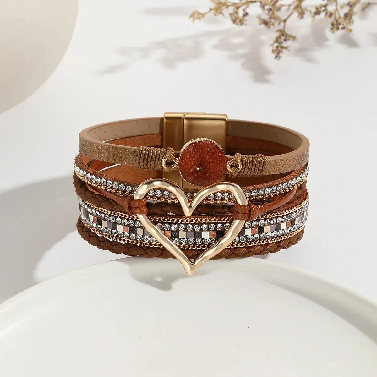 luckacco new metal love heart charm leather bracelets for women fashion bohemian rhinestone resin wrap bracelet bangle couple jewelry