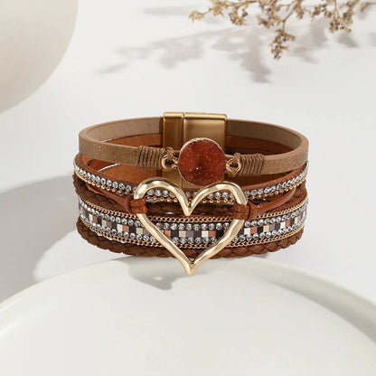 Luckacco New Metal Love Heart Charm Leather Bracelets for Women Fashion Bohemian Rhinestone Resin Wrap Bracelet Bangle Couple Jewelry