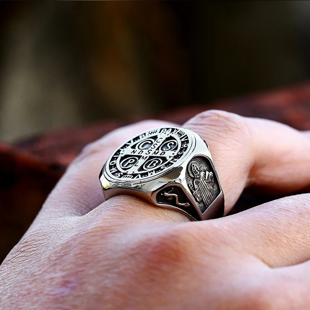 luckacco vintage exorcism saint benedict cspb cross ring men punk amulet christianity rings stainless steel jewelry gift