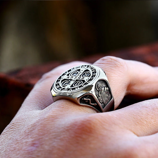 Luckacco Vintage Exorcism Saint Benedict Cspb Cross Ring Men Punk Amulet Christianity Rings Stainless Steel Jewelry Gift