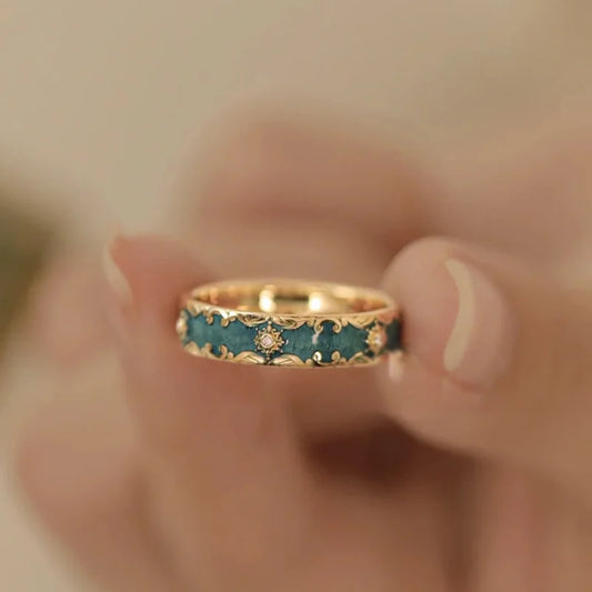 Luckacco Exquisite Design Green Enamel Rings Retro Aestheticism Gold Color Metal Enamel Process Pattern Rings Jewelry