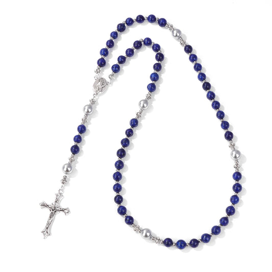 Luckacco Catholic Jesus Cross Bracelet Men Religious Prayer Rosary Bangle 50CM Natural African Turquoises Lava Gem Stone Bead Bracelet