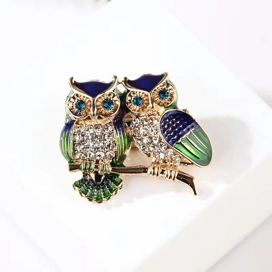Luckacco Trendy Double Owl Brooches Rhinestone Brooch Badge Pin Bird Animal Party Casual Suit Decoration Badge For Women Corsage Gifts