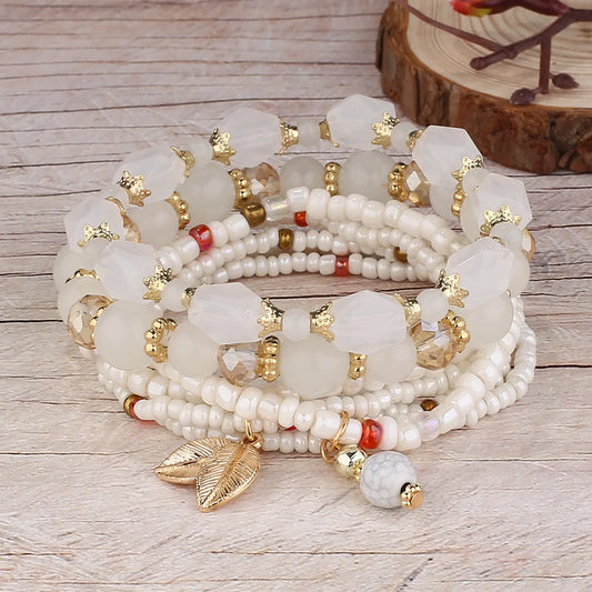 Luckacco DIEZI Korean Ethnic Bohemian Crystal Beads Leaves Charm Bracelets For Women Girls Elastic Rope Wrap Bracelet Pulseira Feminina