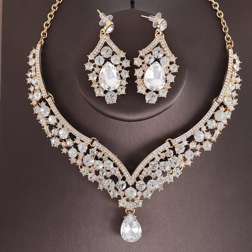 luckacco luxury crystal ab color choker necklace earrings set rhinestone bridal jewelry sets for bride wedding party costume bijoux femme