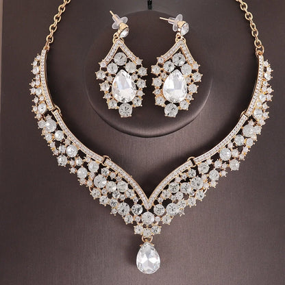 Luckacco Luxury Crystal AB Color Choker Necklace Earrings Set Rhinestone Bridal Jewelry Sets for Bride Wedding Party Costume Bijoux Femme