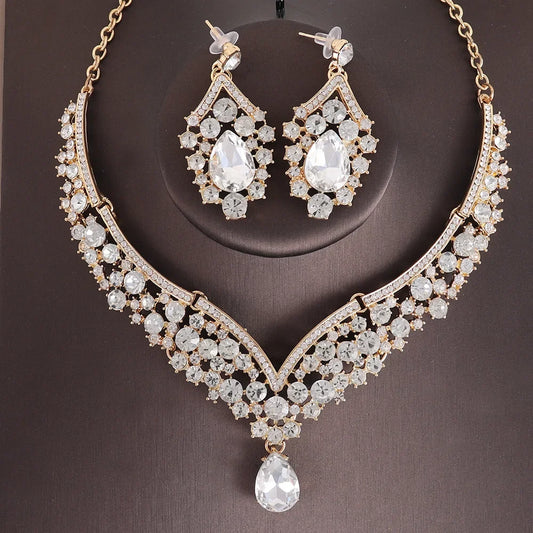 Luckacco Luxury Crystal AB Color Choker Necklace Earrings Set Rhinestone Bridal Jewelry Sets for Bride Wedding Party Costume Bijoux Femme