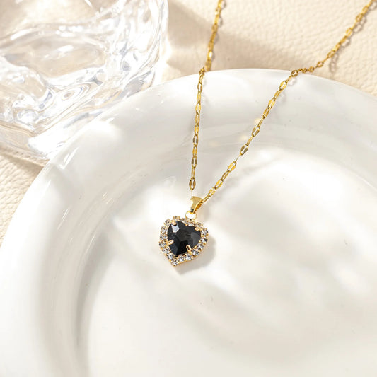 Luckacco Stainless Steel Chain Classic Shiny Colorful Zircon Heart Pendant Necklace for Women Lady Vintage Jewelry Accessories Gifts