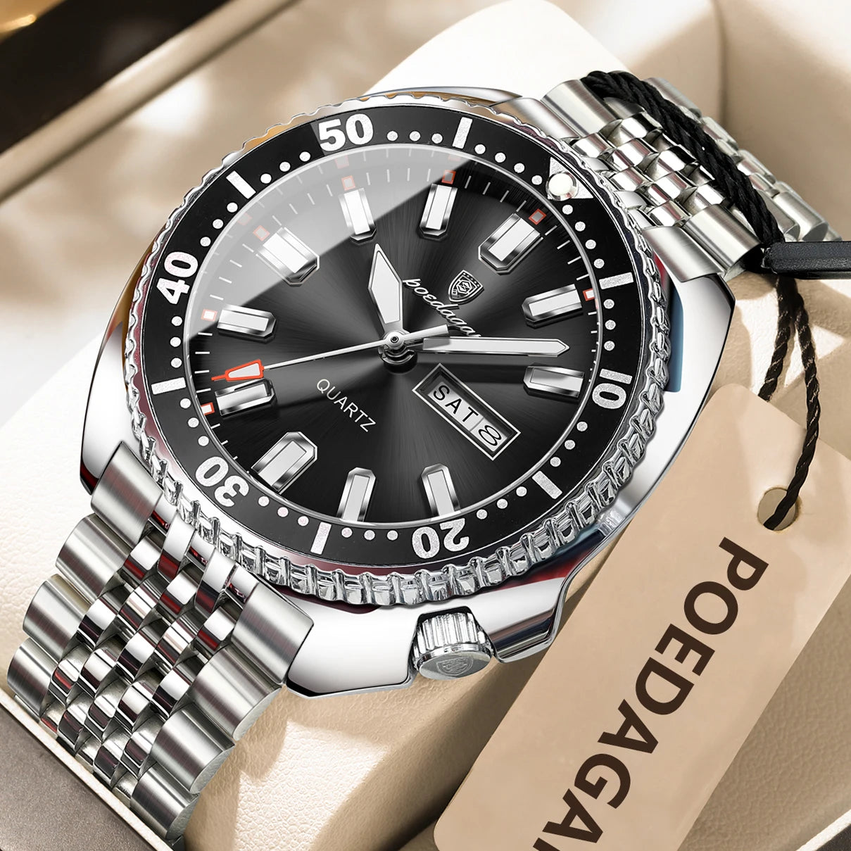 luckacco poedagar business men watch date week waterproof luminous luxury man wristwatch sports stainless steel men's quartz watches male