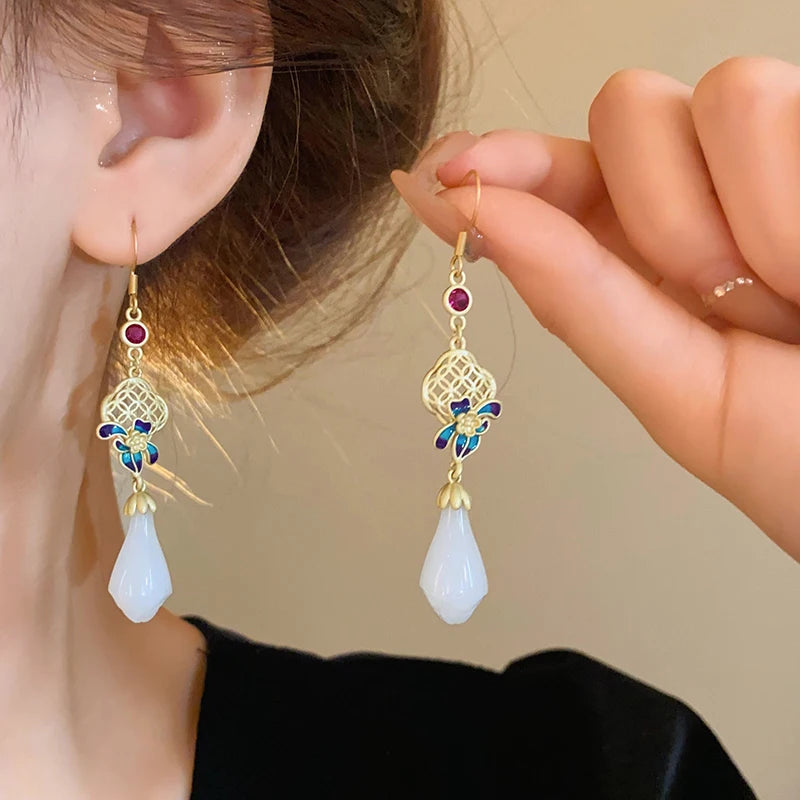 luckacco lily of the valley leaf water drop resin dangle earrings for women partysu new in earring hook vintage fashion cheongsam jewelr