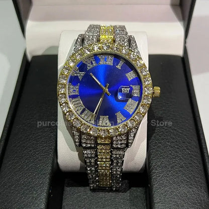 Luckacco Personalized Hip Hop Watch with Shiny Rhinestones for Men, Luxury Clock, Band Length, Iced Steel Belt, 40mm Diameter Glass Dial