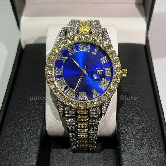 Luckacco Personalized Hip Hop Watch with Shiny Rhinestones for Men, Luxury Clock, Band Length, Iced Steel Belt, 40mm Diameter Glass Dial