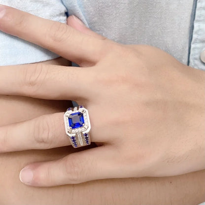 Luckacco Hot Selling Silver Plated Alloy Mosaic blue square zircon Rings For Men Jewelry Birthday Party Ring  Size 7-13