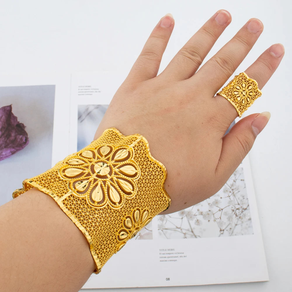 luckacco gold plated cuff bracelet with ring female dubai gold color bangles for women luxury dubai anniversary gift jewelry accessories