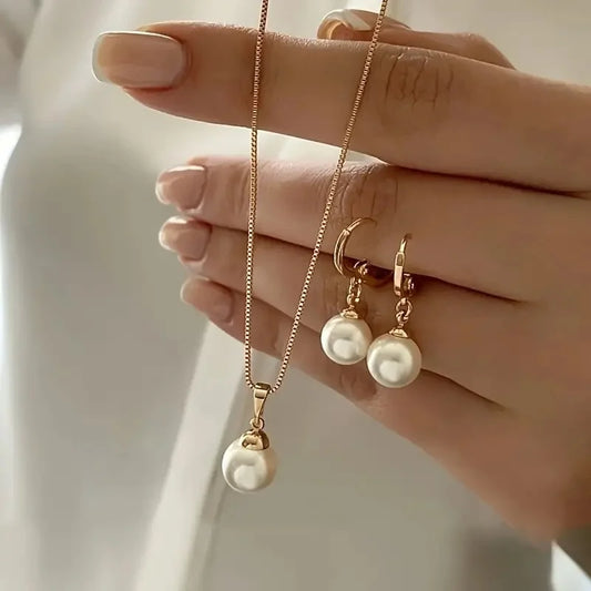 Luckacco 3 Pcs Round Pearl Jewelry Set Of Earring Pendant Necklace For Women Exquisite Fashion Rhinestone Double Wedding Jewelry Set Gift