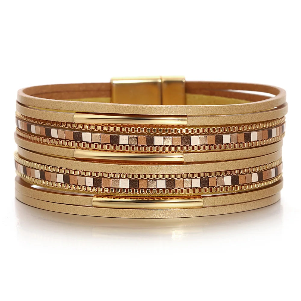 luckacco allyes trendy colorful square leather bracelet for women men boho metal tube multilayer wrap wide bracelets charm party jewelry