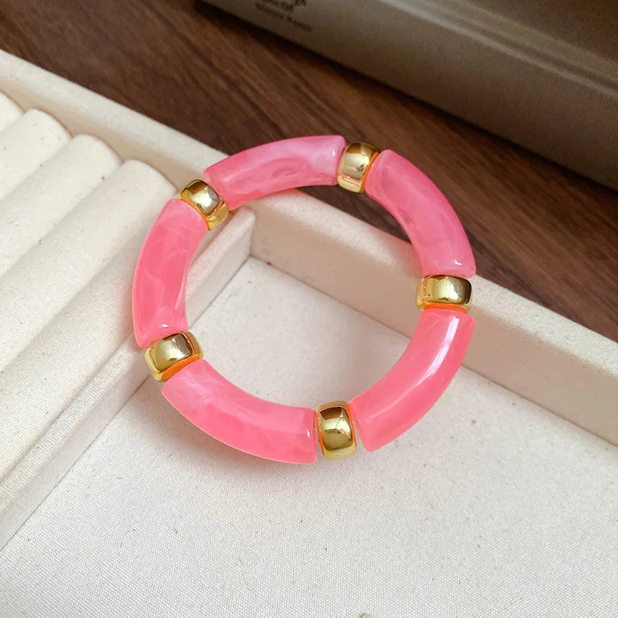 luckacco splicing bamboo tube acrylic smudging bangles for women men fashion geometric elastic bracelets bangles jewelry couple gifts f