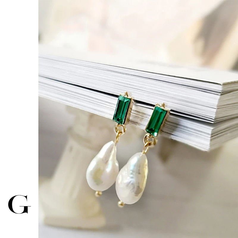 GHIDBK Baroque Flatten Freshwater Pearl Stud Earrings Women Dainty Square Green Crystal Earring Studs Handmade Delicate Earring - luckacco