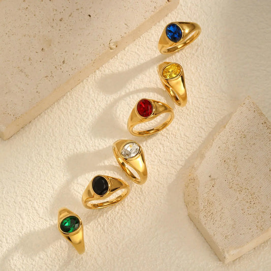Luckacco Colorful Zircon Seal Ring For Women, 316L Stainless Steel Green Black Blue Red White CZ Rings, Gold Plated Engagement Jewelry