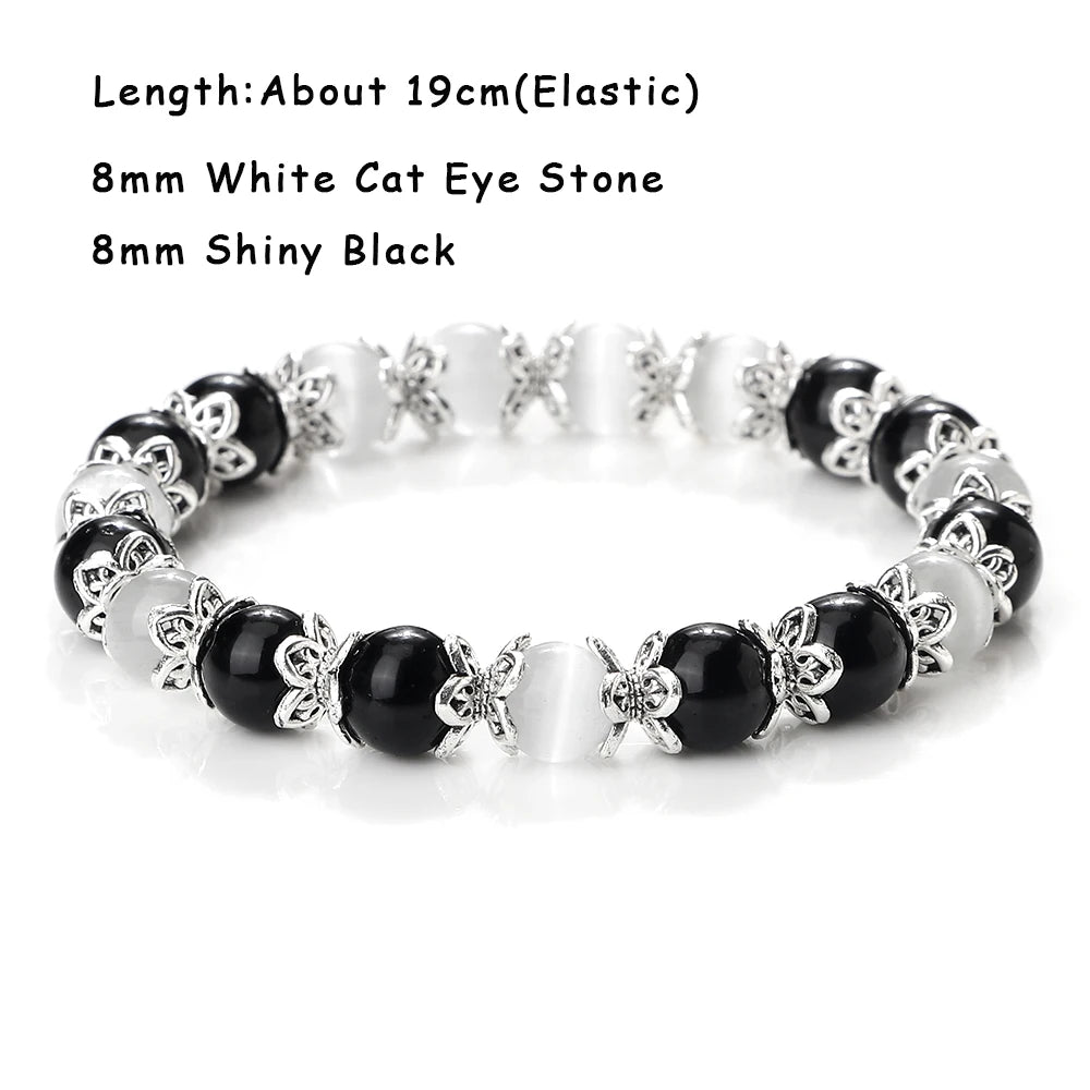 luckacco natural cat eye stone bracelet & bangle for women brief white pink opal beads yoga balance jewelry lucky wristband handmade gift