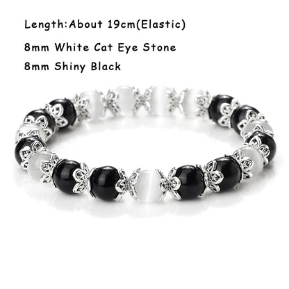 Luckacco Natural Cat Eye Stone Bracelet & Bangle for Women Brief White Pink Opal Beads Yoga Balance Jewelry Lucky Wristband Handmade Gift