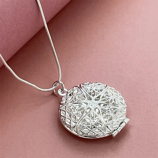 Luckacco 925 Silver Necklace Hollow Round Photo Frame Pendant, Suitable For Women's Daily Wear