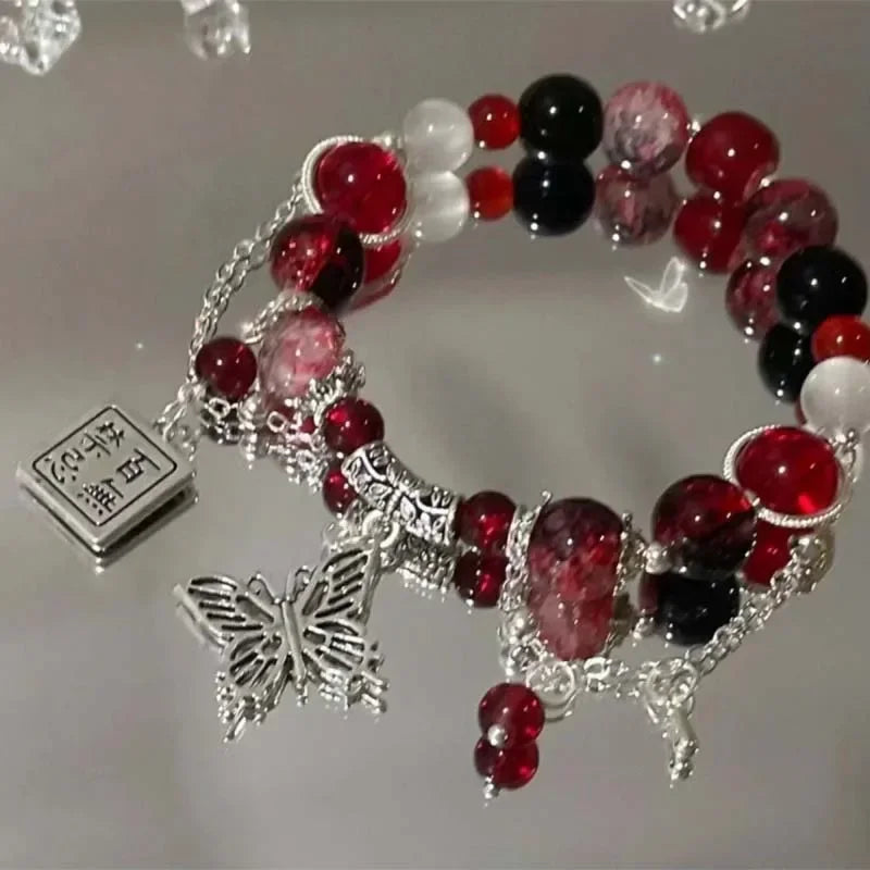 luckacco fashion vintage red beaded chain bracelet for women butterfly pendant charm bracelets anime tian guan ci fu jewelry accessories