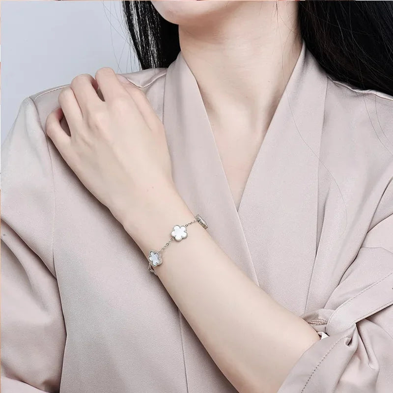 luckacco 14k gold plated five-leaf clover link bracelets white black blue gold red green lucky bracelets jewelry gifts trendy for women