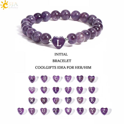 Luckacco 26 Letter A-Z Initial Heart Shape Crystal Bracelets Real Natural Stone Beads Amethysts Obsidian Sodalite Bracelet for Lover H283