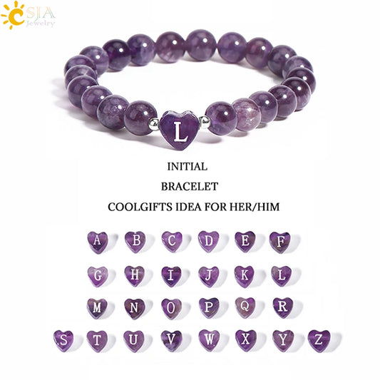 Luckacco 26 Letter A-Z Initial Heart Shape Crystal Bracelets Real Natural Stone Beads Amethysts Obsidian Sodalite Bracelet for Lover H283