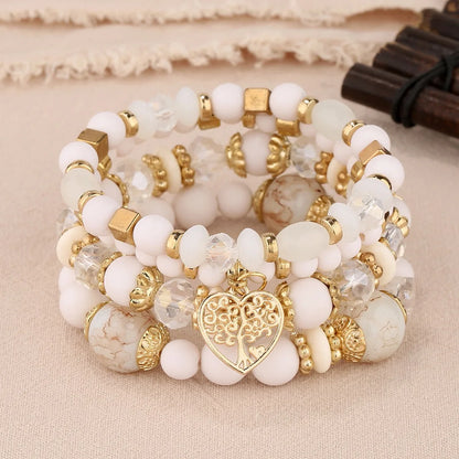 Luckacco New Acrylic Beads Chain Bracelet Set For Women Tree Of Life Charm Elastic Bangle Female Bohemian Jewelry Accessories