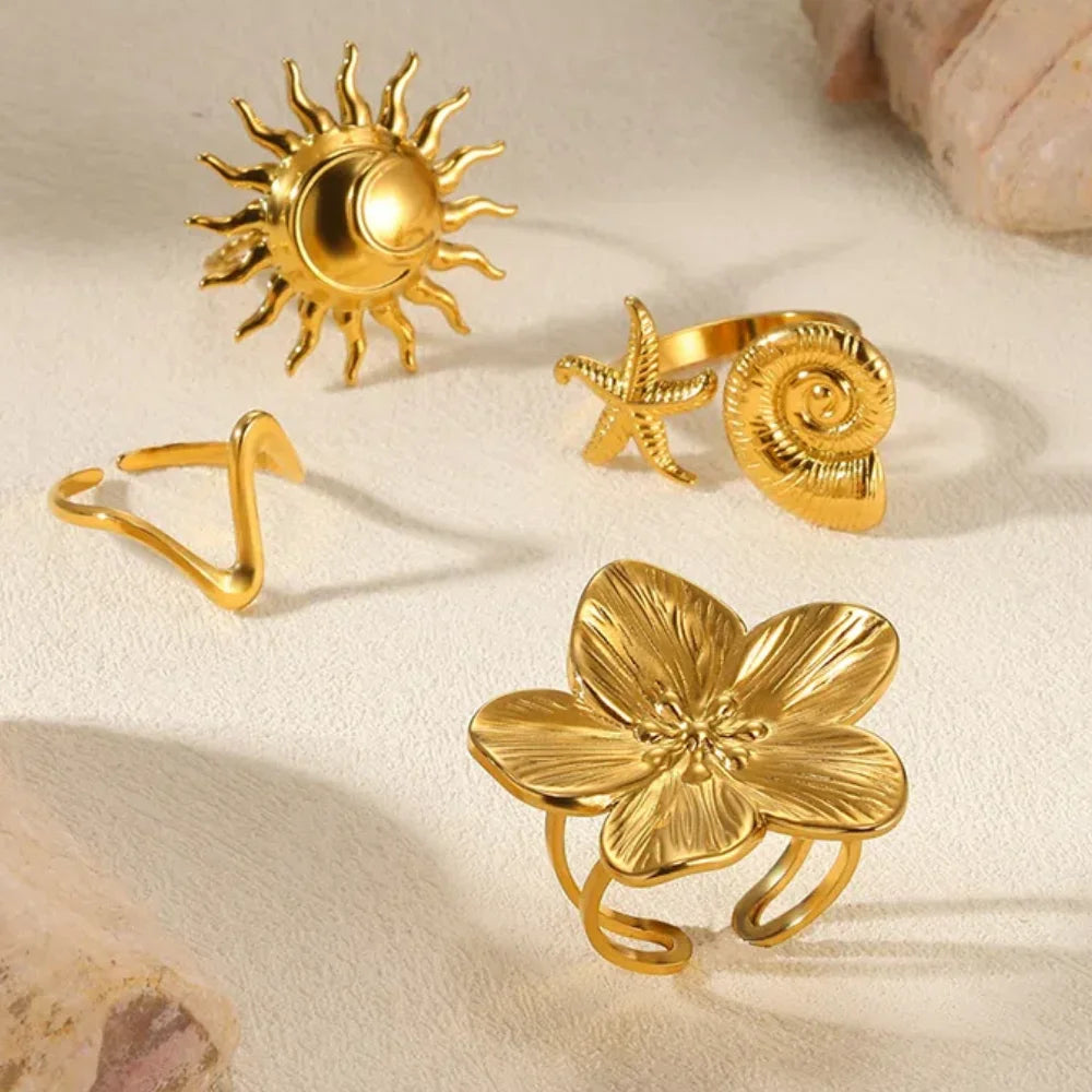 luckacco elegant stainless steel big bloom flower rings for women gold color sun starfish open ring finger jewelry wedding her gift punk