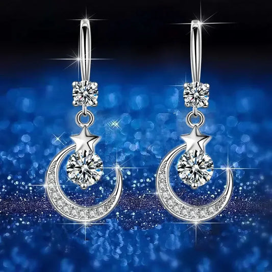 Luckacco Female Fashion Star Moon Earrings 925 Sterling Silver White Sapphire Pink Blue White Artificial Dangle Earrings