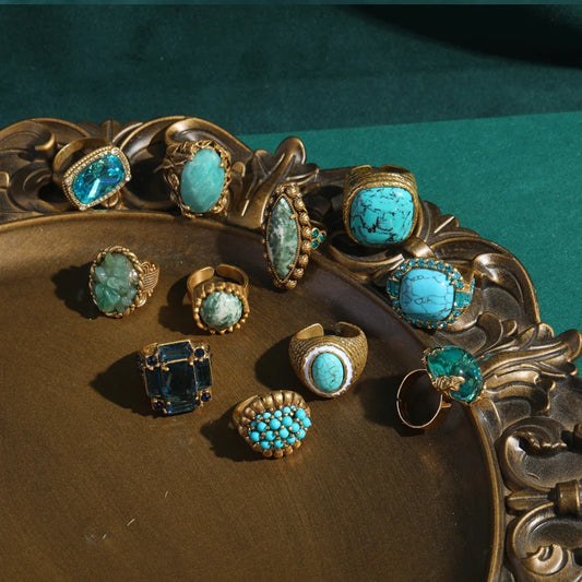 Luckacco Vintage Wedding Rings for Women Round Blue Natural Oval Green Crystal Horse Eye Shape Glass Retro Pattern Gold Color Jewelry