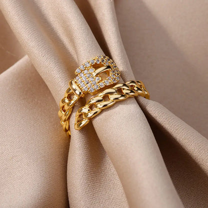 Luckacco Zircon Belt Rings For Women Stainless Steel Adjustable Finger Ring Femme Geometric 2023 Wedding Aesthetic Jewerly Gift anillos