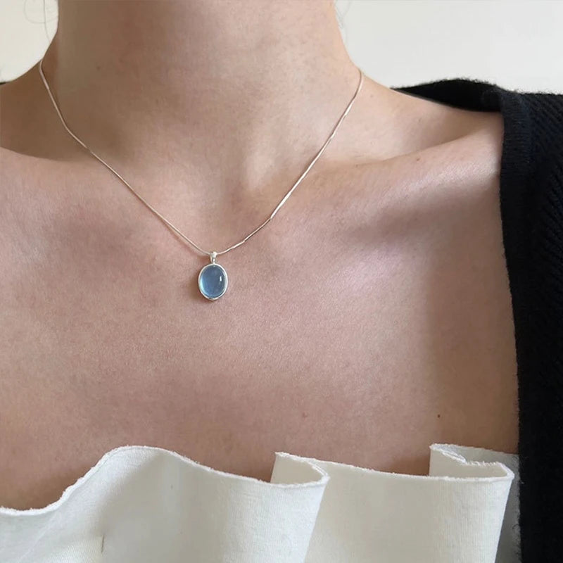 luckacco 925 sterling silver blue crystal moonstone necklace unique design elliptical natural stone pendant snake bone chain gift jewelry