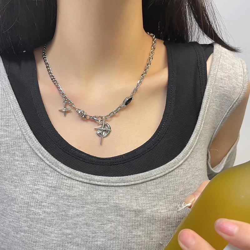 luckacco jwer new y2k cuban figaro chain star moon pendant necklace men punk black zircon chain choker necklace for men jewelry gifts