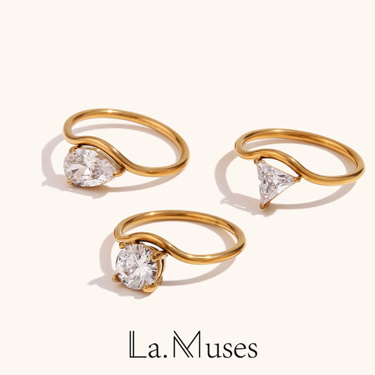 Luckacco La. Muses Sparkling Luxury Water Drop Shaped Cubic Zirconia Stainless Steel Women's Ring 18K Gold Plated Waterproof Jewelry Gift