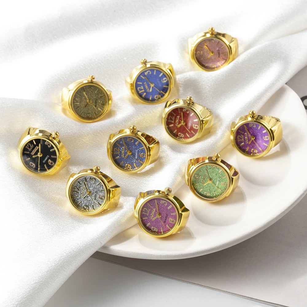 luckacco couple finger watch ring vintage punk elastic alloy band men women jewelry clock roman numerals dial 28style mini quartz watches