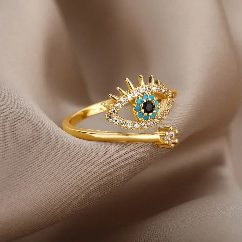 luckacco silver plated evil eye rings for women stainless steel turkish zircon demon eye couple ring vintage emo jewelry anillos mujer