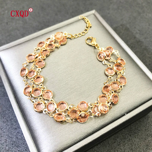 Luckacco Beautiful Fashion Multicolor Stainless Steel Lobster Clasp Glass Copper Combination Golden Bracelets For Women Girls Kids Gift
