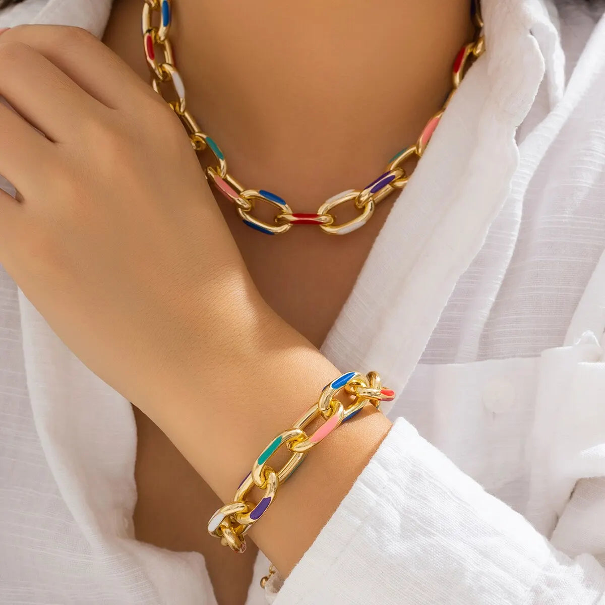 luckacco 2pcs/set colorful bohemian fashion choker necklace bracelet jewelry set classic cross chain accessories for women gift party