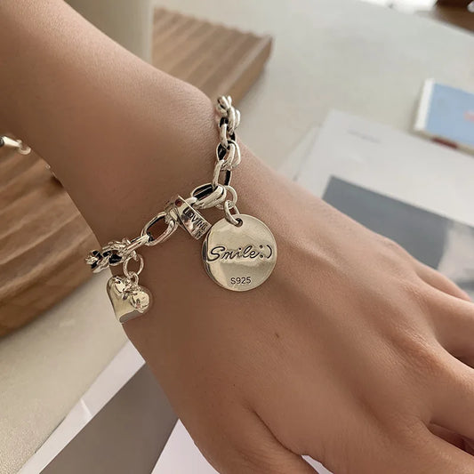 Luckacco New 925 Silver Geometric Bead Punk Peace of Mind Words Irregular String Bracelet For Woman Girl Fashion Jewelry Gift Dropship