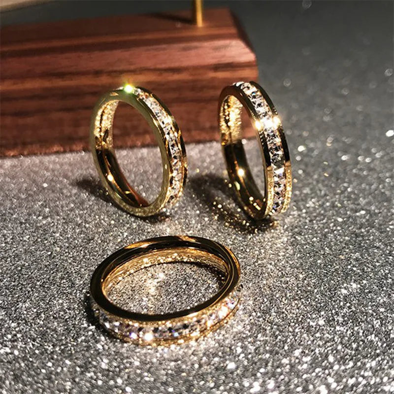 luckacco clear white stones wedding women ring stainless steel 1 and 2 rows bling zircon fashion pair ring female jewelry