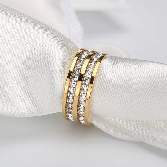 Luckacco Stainless Steel Double Row CZ Eternity Ring Wedding Band for Women Men Size 3-10